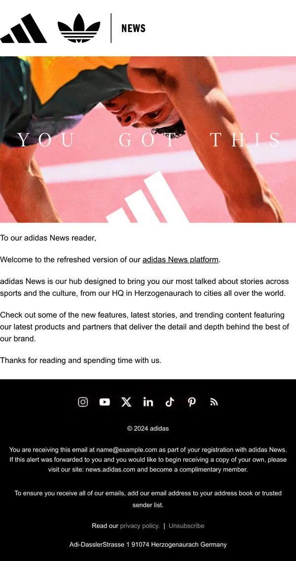 Email from Adidas. Welcome to the future of adidas News