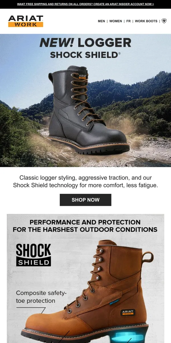 Email from Ariat. Work Outdoors? Logger Shock Shield® is Your Boot