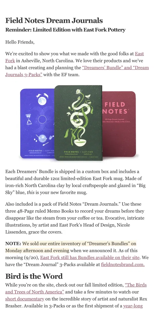 Email from Field Notes. Field Notes Dream Journals