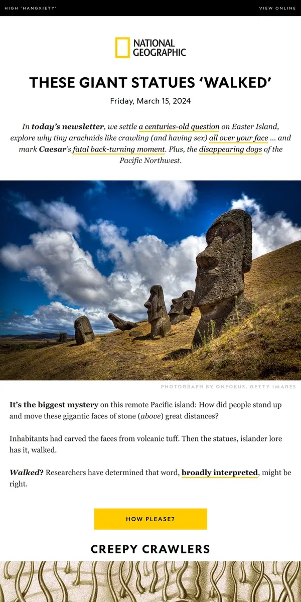 Email from National Geographic. This clue explains Easter Island’s biggest secret; plus, the creepy crawlers having sex on your face