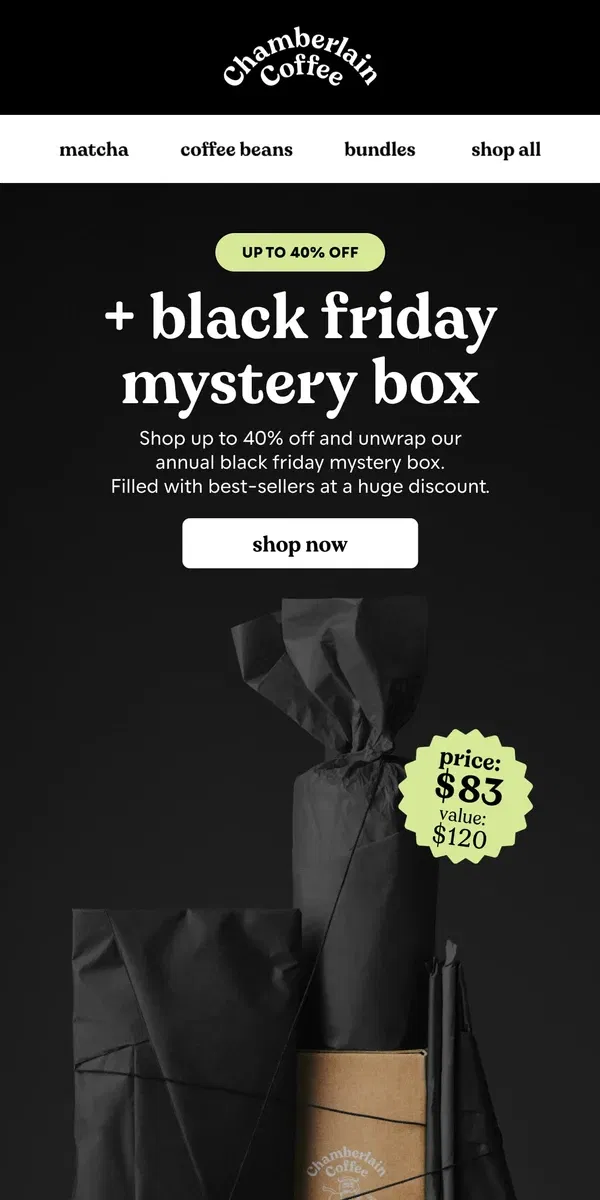 Email from Chamberlain Coffee. IT'S HERE 🎁 black friday mystery box