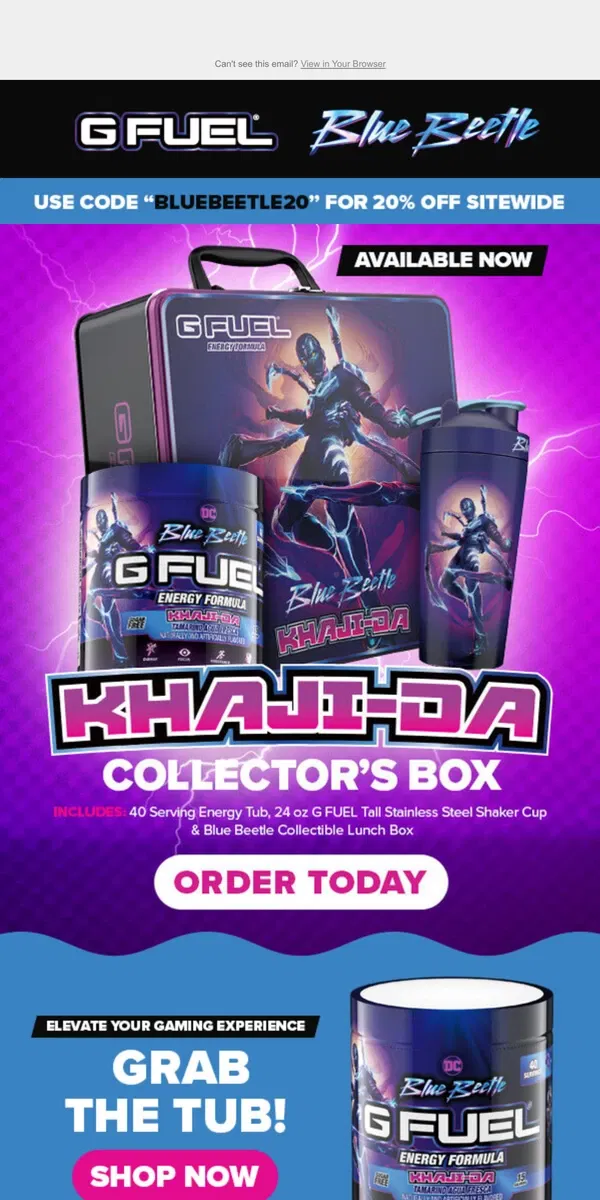 Email from G FUEL. 💙 💙 Blue Beetle Khaji-Da Collector's Lunch Box