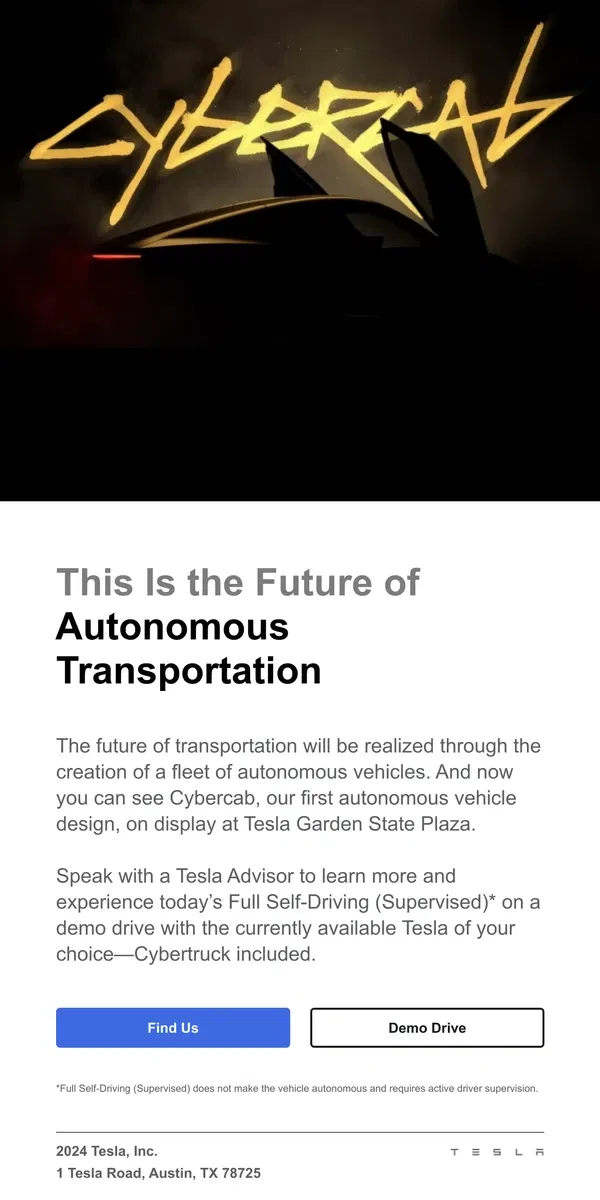 Email from Tesla. Cybercab Has Arrived at Garden State Plaza