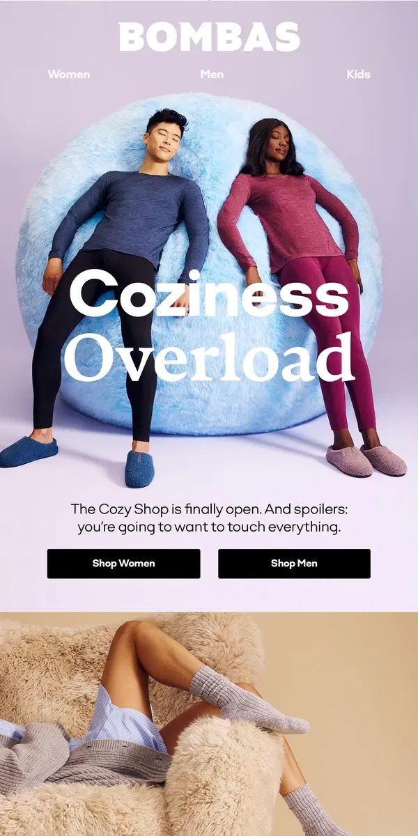 Email from Bombas. The Cozy Shop Is Open