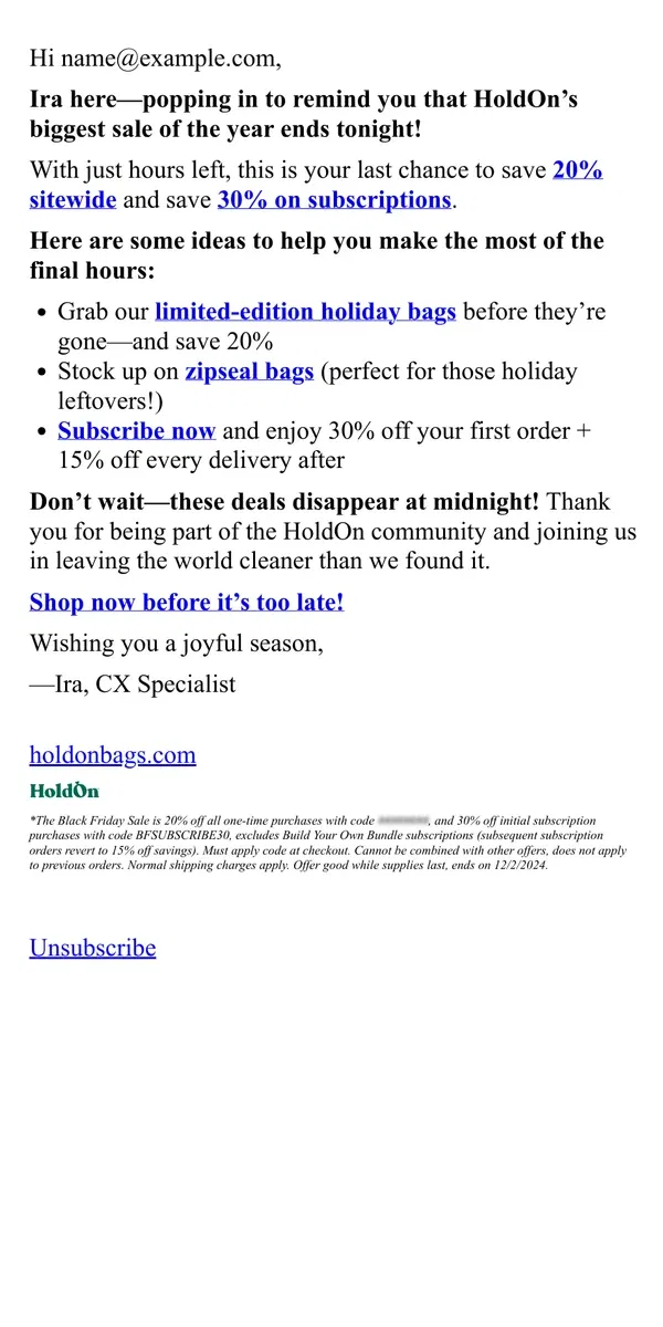 Email from HoldOn. Ends In Hours: Cyber Monday Sale