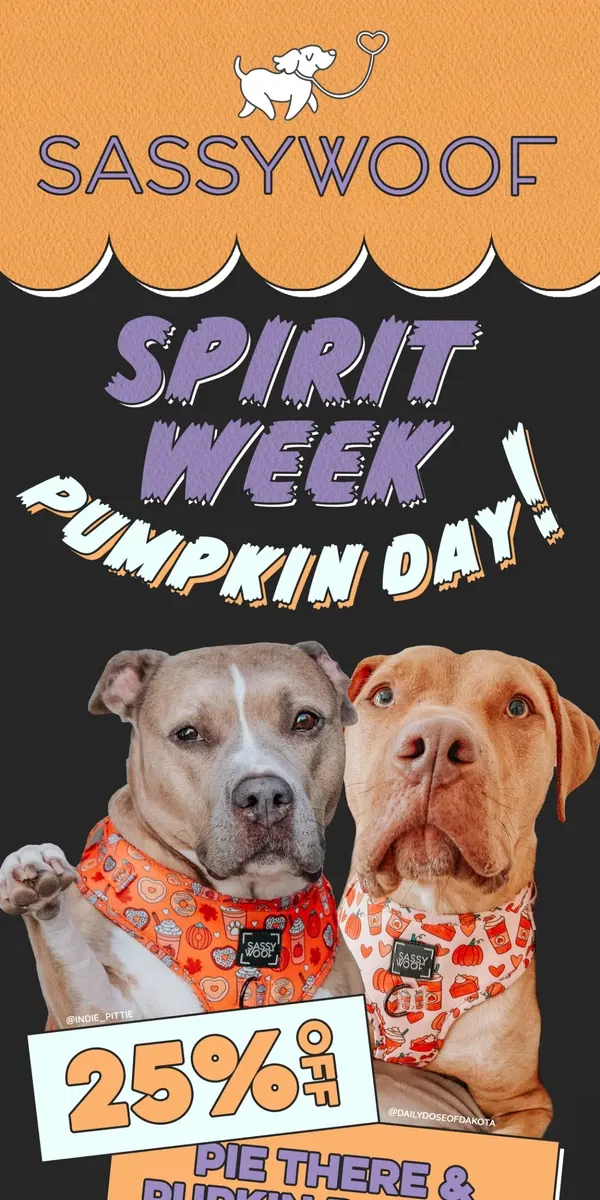 Email from Sassy Woof. Spirit Week Day 5: Pumpkin Day! 🎃