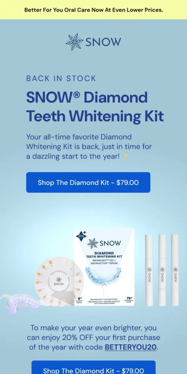 Email from Snow Teeth Whitening. Your fave Whitening Kit is BACK IN STOCK❗❗️