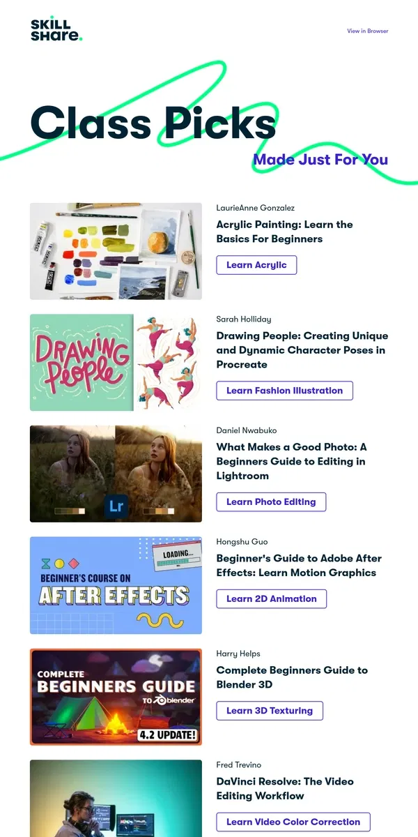 Email from Skillshare. Your Recommended Classes