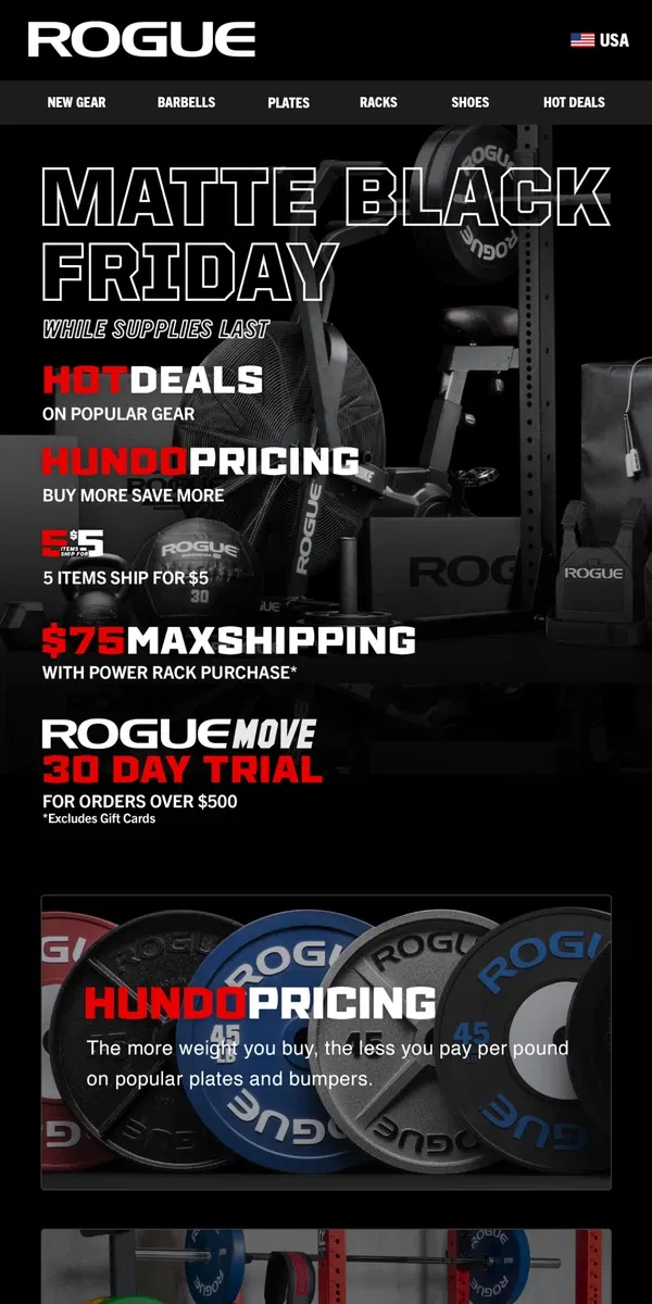 Email from Rogue Fitness. Rogue Matte Black Friday Starts Now!