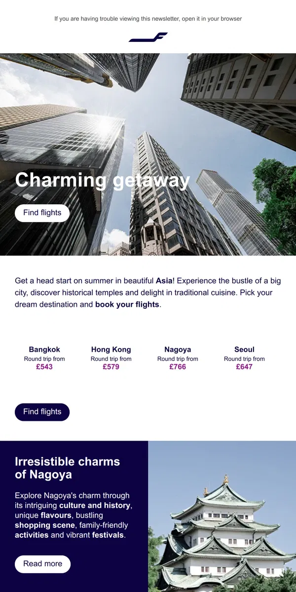 Email from Finnair. Your early summer getaway in vibrant Asia awaits