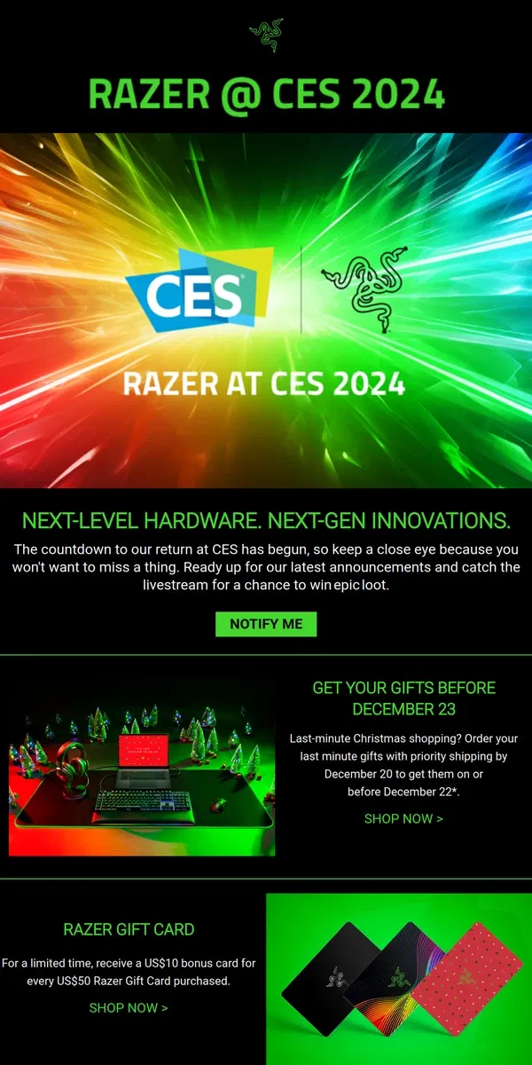 Email from Razer. Happening in 2024: Razer returns to CES