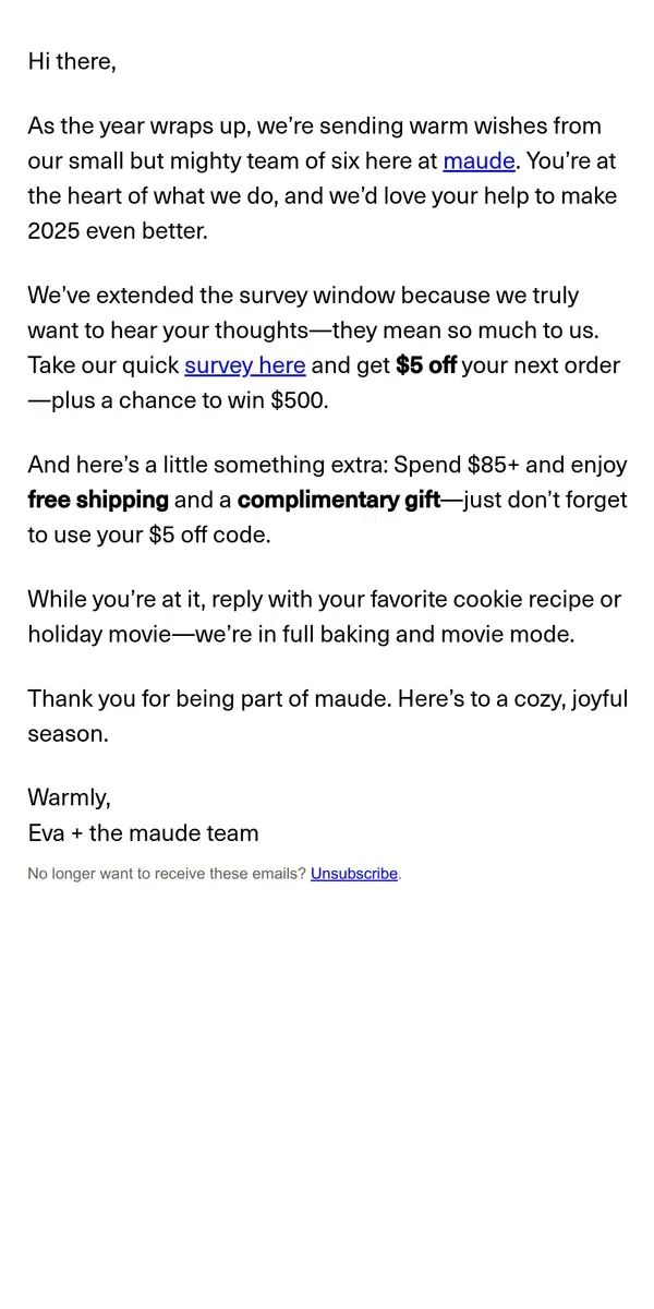 Email from Maude. Share your thoughts and enjoy $5 off + a free gift.