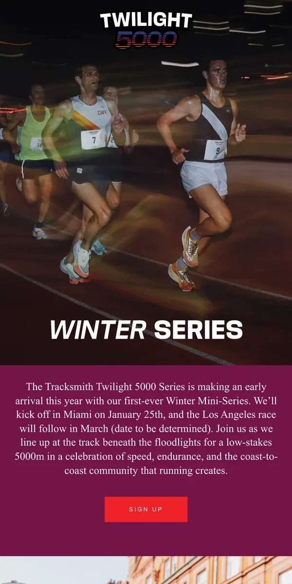 Email from Tracksmith. Introducing the Twilight 5000 Winter Series