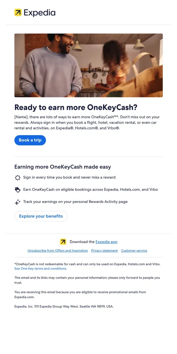 Email from Expedia. Don't miss out on OneKeyCash