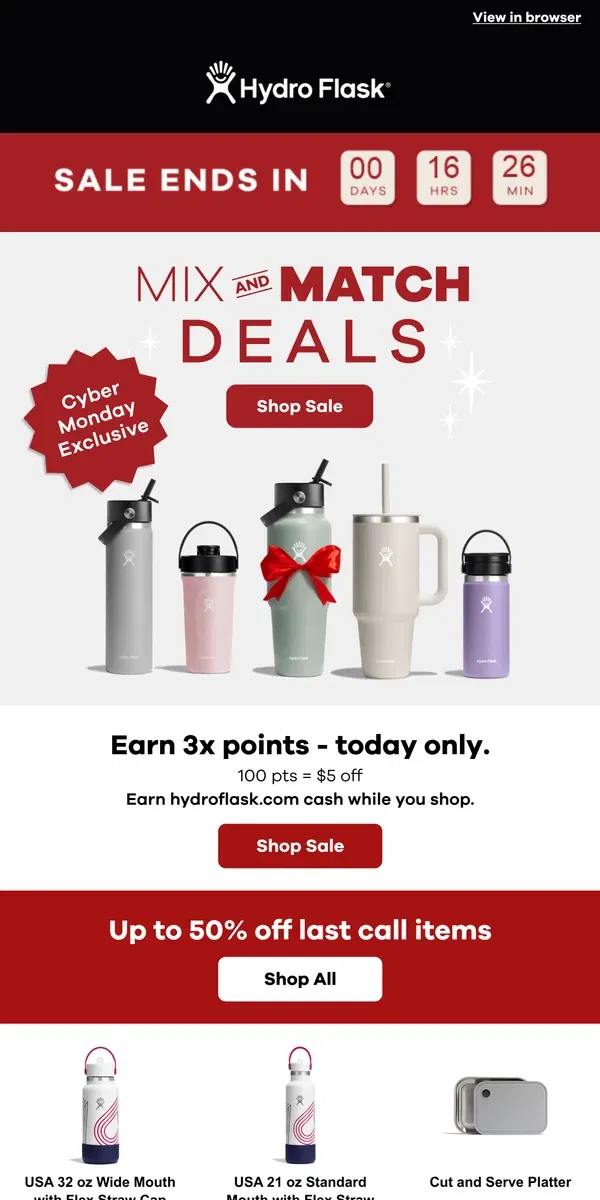 Email from Hydro Flask. READY, SET, CYBER MONDAY