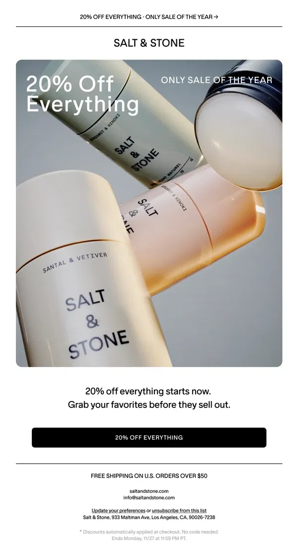 Email from SALT & STONE. 20% OFF EVERYTHING 🚨