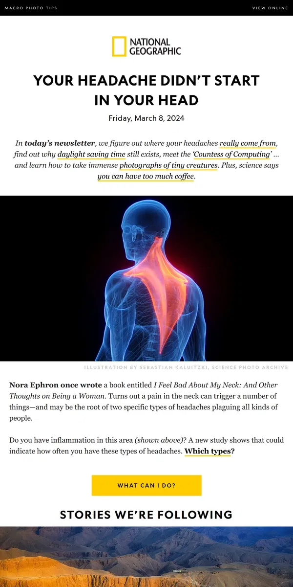 Email from National Geographic. The surprising place where headaches come from. Plus, the ‘Countess of Computers’; the Great Manhattan rip-off