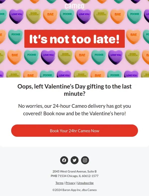 Email from Cameo. Forgot a Valentine’s Gift? 24hr Cameo to the Rescue! 💘