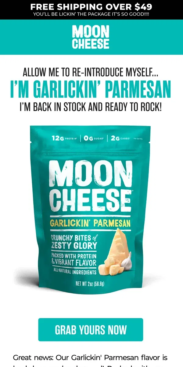 Email from Moon Cheese. 🌙🧀 Garlic Lovers Rejoice - Garlickin' Parmesan is Back! 🧀🌙