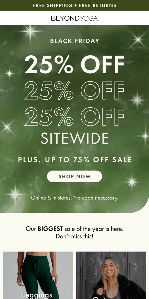 Email from Beyond Yoga. 25% OFF EVERYTHING Starts Now!