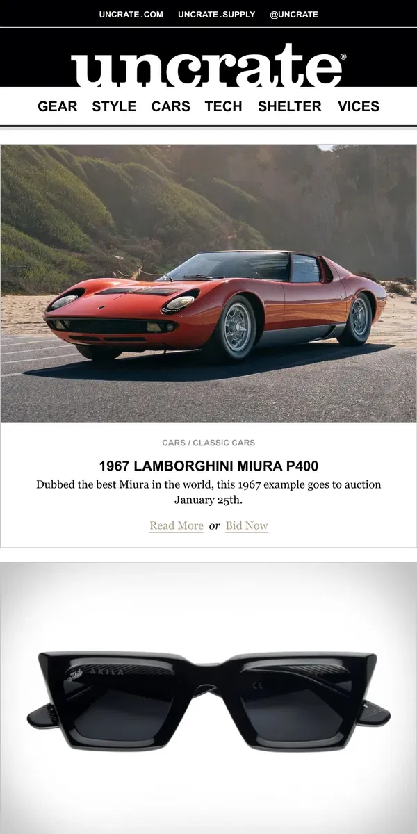 Email from Uncrate. 1967 Lamborghini Miura P400 & more