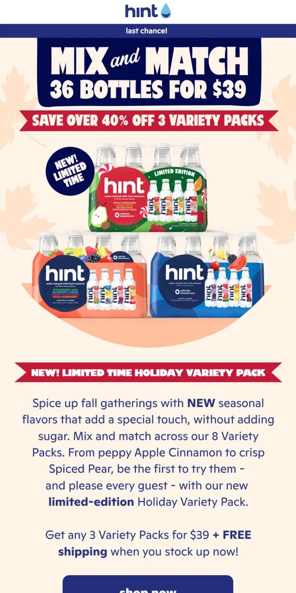 Email from Hint Water. Final Hours! Try NEW limited-time flavors and save 40%