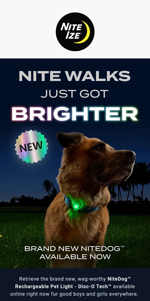 Email from Nite Ize. NEW GLOWING GEAR FUR YOUR DOG 🐶