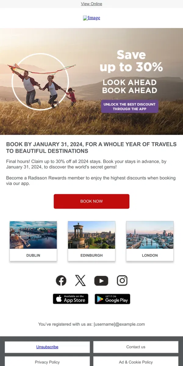 Email from Radisson Hotels. Ending soon! Up to 30% off all your 2024 stays around the world!