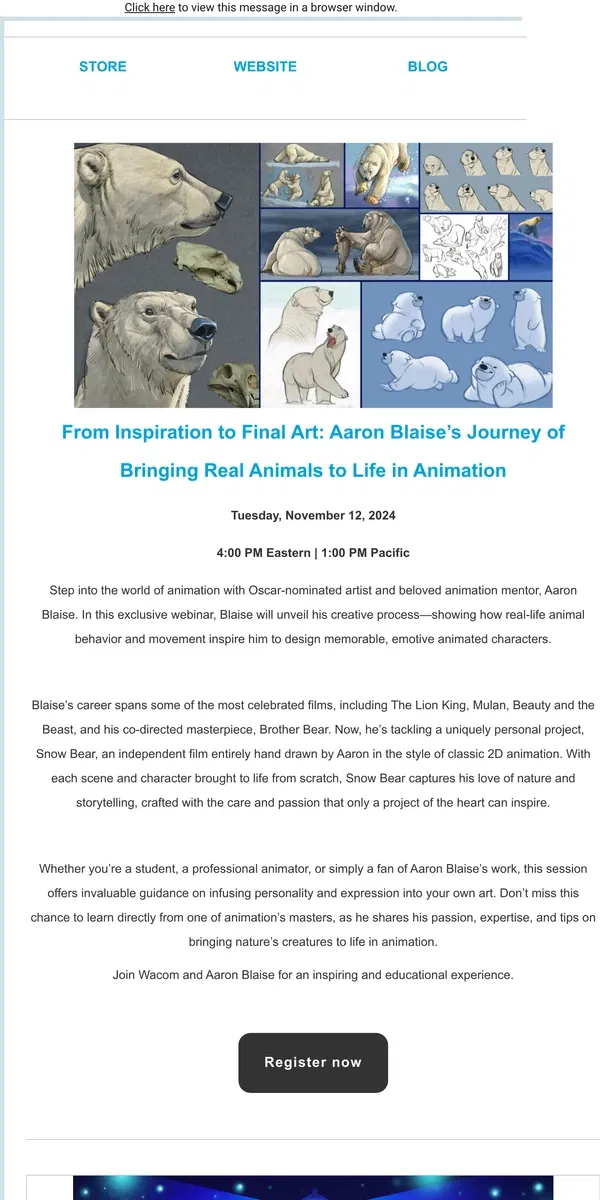 Email from Wacom. Get Inspired: Aaron Blaise and Yuify Webinars This November!