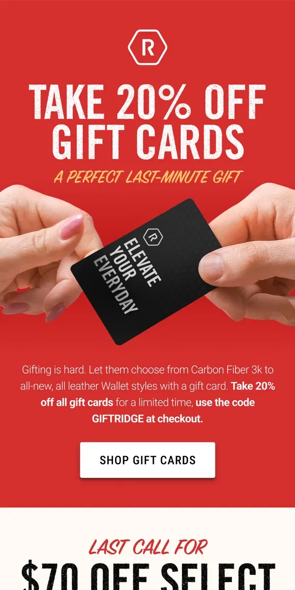 Email from The Ridge. Take 20% Off Gift Cards