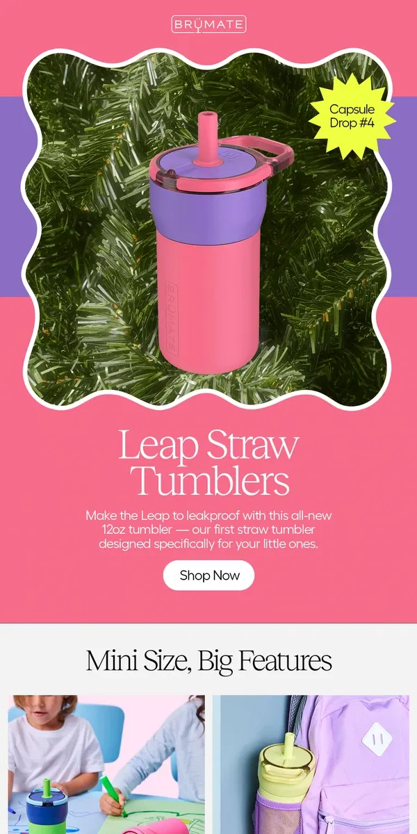 Email from BruMate. New! Leap Leakproof Kids Straw Tumblers 🖍️🐸