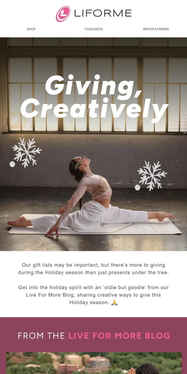 Email from Liforme. Creative ways to give this Holiday season 🙏