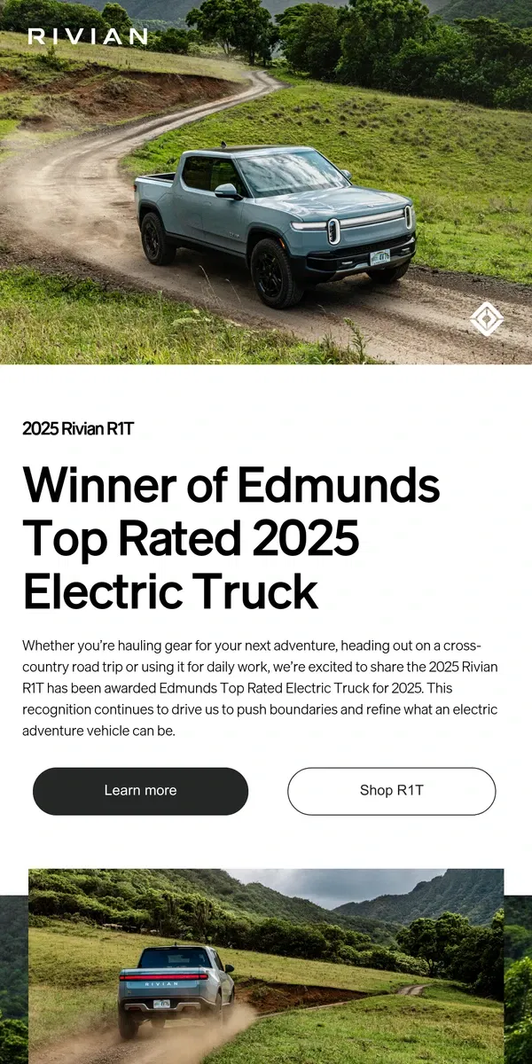 Email from Rivian. Edmunds Top Rated 2025 Electric Truck has been selected