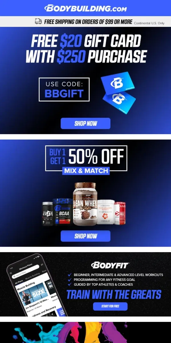 Email from Bodybuilding.com. Creatine, Pre-Workout, BCAAs and more! BOGO 50% Off!