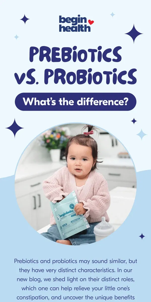 Email from Begin Health. Prebiotics vs. Probiotics: Which Wins 🏆