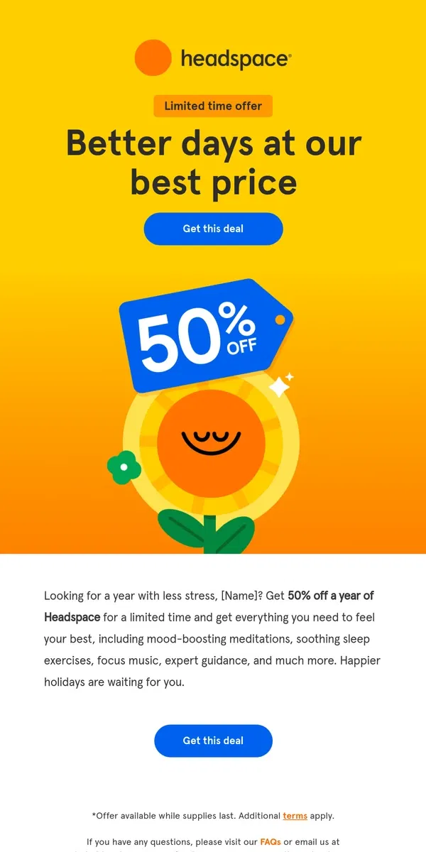 Email from Headspace. 50% off starts now