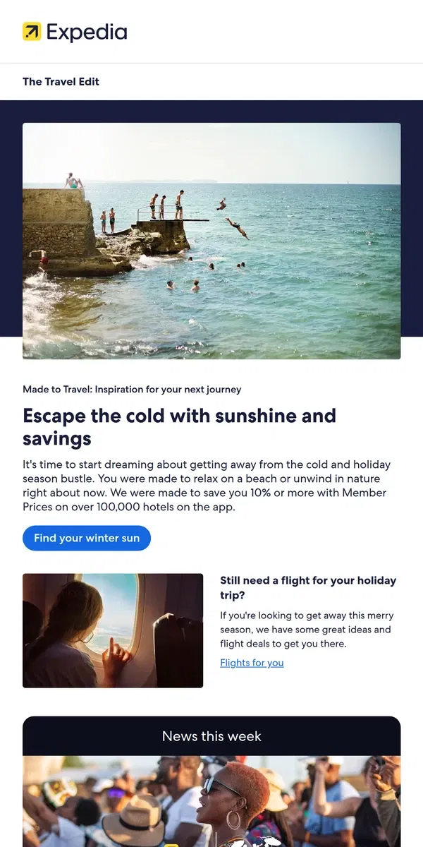 Email from Expedia. Made to Travel: Winter sunshine's on your mind