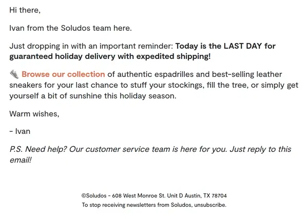 Email from Soludos. Hurry! Last Chance for Guaranteed Holiday Delivery 🎁