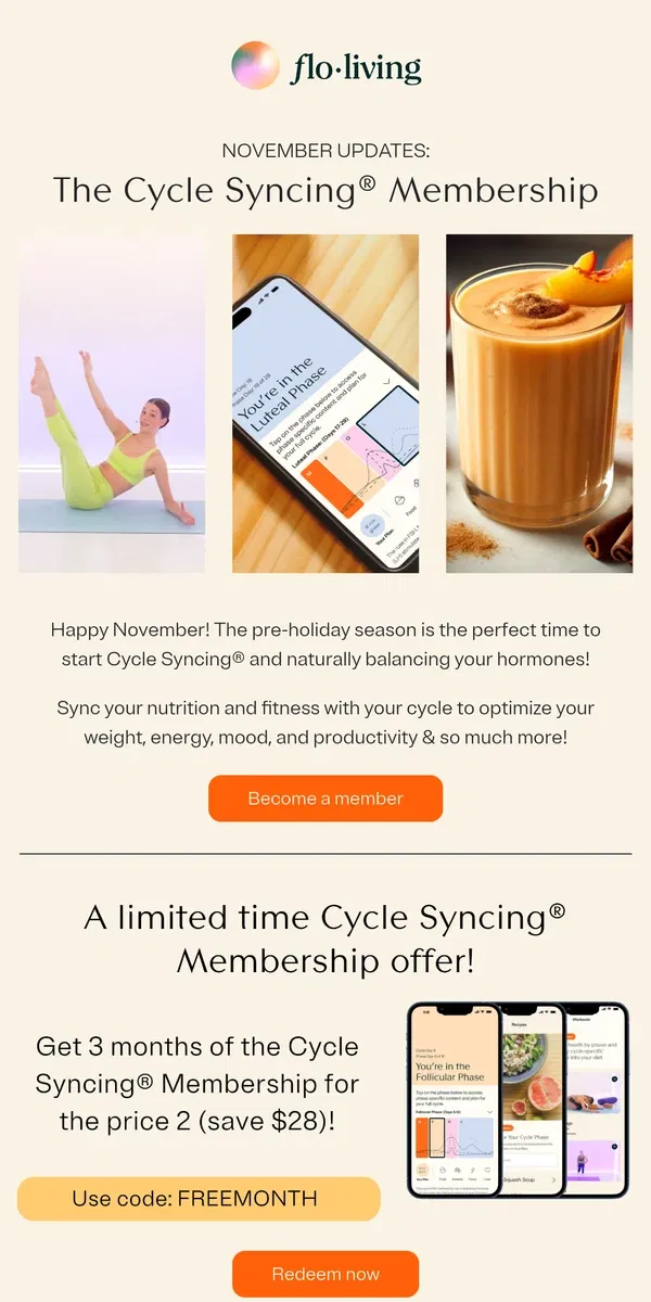 Email from FLO Living. Get started with your Cycle Syncing® Membership!🍂📱🍁