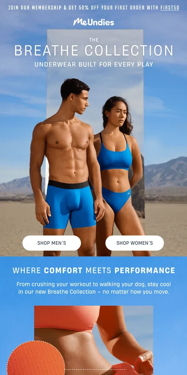 Email from MeUndies. Introducing: The Breathe Collection