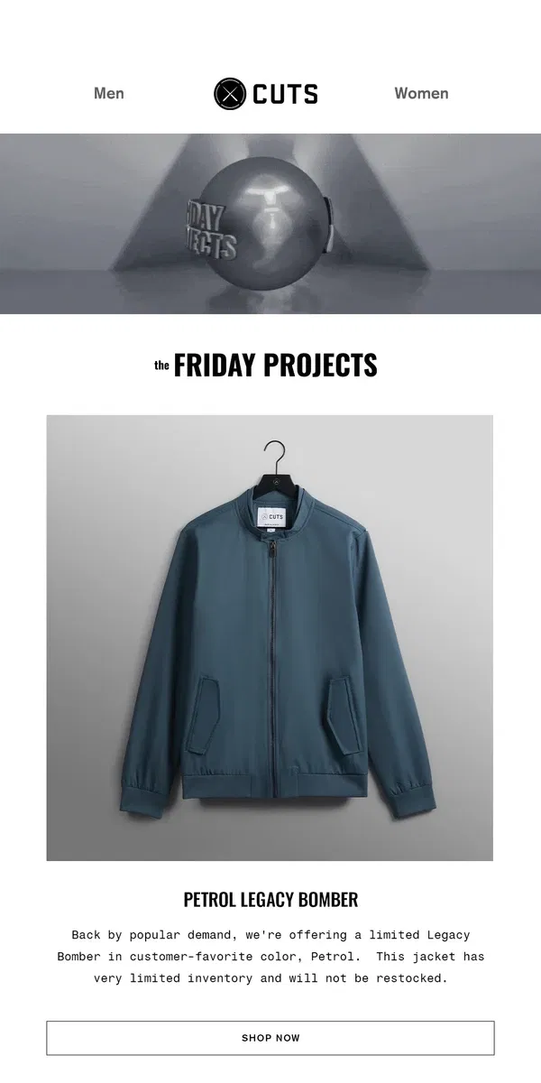 Email from Cuts. Limited Stock Alert: Petrol Legacy Bomber