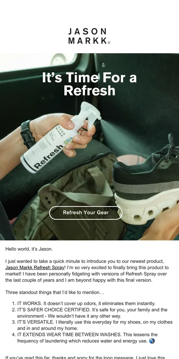 Email from Jason Markk. Introducing our NEW Refresh Spray