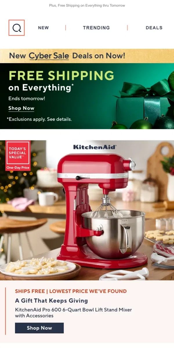 Email from QVC. FYI: Cyber Sale & KitchenAid TSV 🔥