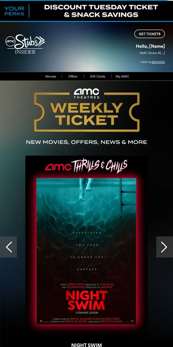 Email from AMC Theatres. [Name], Your Weekly Ticket Is Here