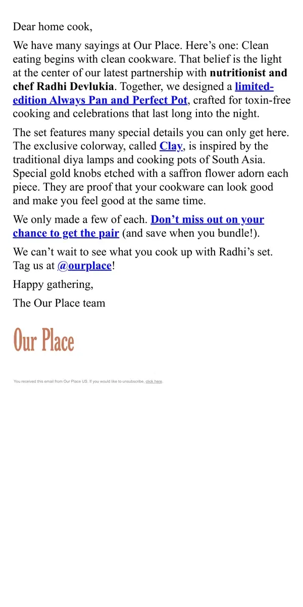 Email from Our Place. Meet Clay 🪔