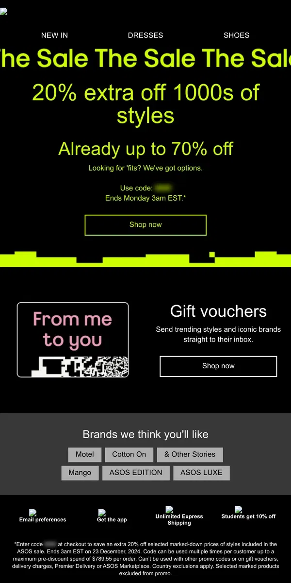 Email from ASOS. 20% extra off 1000s of Sale styles