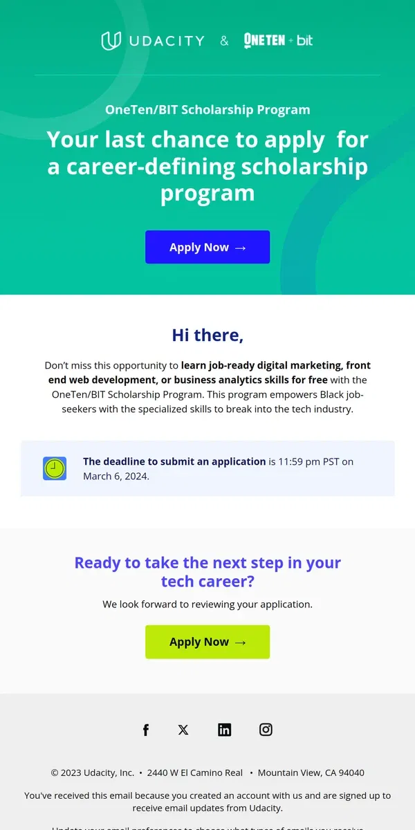 Email from Udacity. Final hours to apply for the OneTen/BIT Scholarship Program