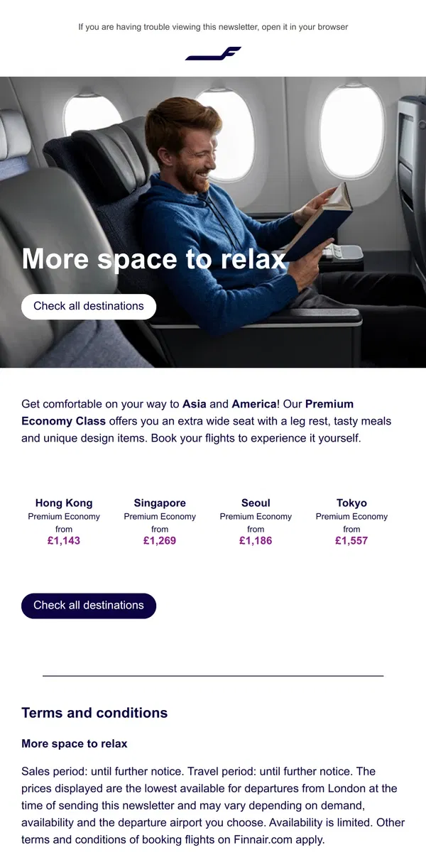 Email from Finnair. Fly the Nordic way in Premium Economy