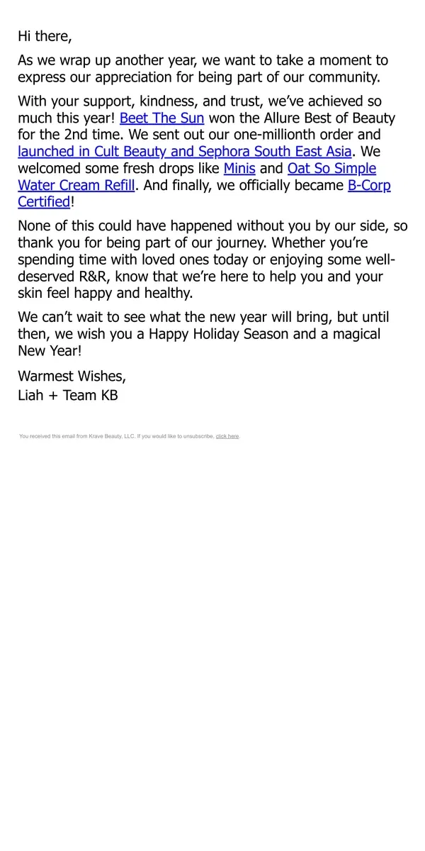 Email from KraveBeauty. ✨ Happy Holidays!