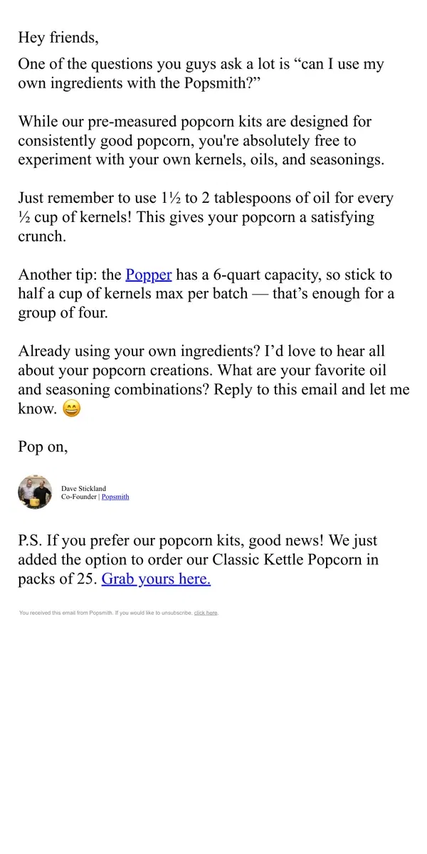 Email from Popsmith. Making popcorn your way